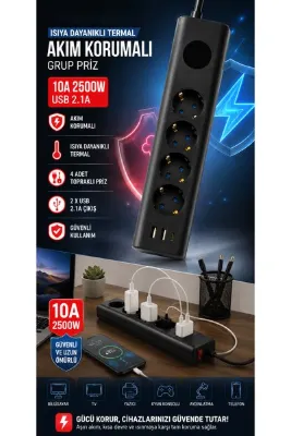 MATECHNO 4'lü Akım Korumalı Topraklı Çoklu Priz 2500W 10A 2 USB + 1 Type-C Isıya Dayanıklı Termal Korumalı Anahtarlı Grup Priz Uzatma Kablosu