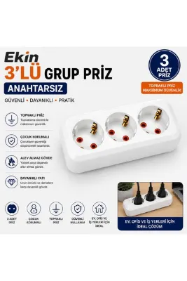 Ekin 3'lü Topraklı Grup Priz Anahtarsız Çoklu Priz Grişi ve Kablo Yoktur