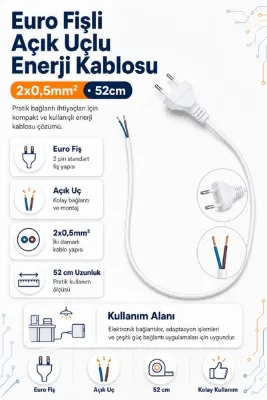 RobotikDepo Euro Fişli Açık Uçlu Enerji Kablosu 2x0,5mm² - 52cm