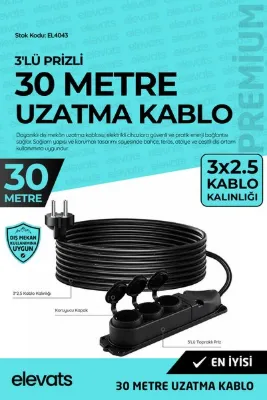 Elevats Premium Profesyonel 30 Mt. Dış Mekan Uzatma Kablosu | 3 Prizli | Kapaklı Tasarım | Suya Dayanıklı | EL4043