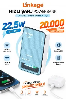 Linkage LKP-72 20000 mAh Powerbank 22.5W Hızlı Şarj, USB-C PD Giriş Çıkış ve Şarj Göstergesi
