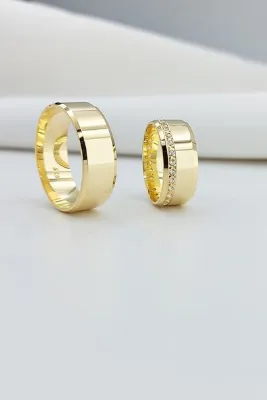 Silver Self Gümüş Sarı Düz Parlak Taşlı Erkek Sade Alyans