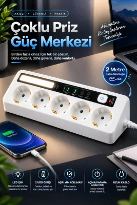 sonx 5'li Çoklu Priz 2 USB 2 Type-C Girişli Dokunmatik LED Gece Lambalı Aşırı Yük Korumalı
