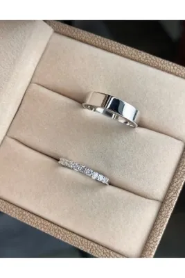Store Saf Gümüş Çift Alyans Nişan Yüzüğü Kombini