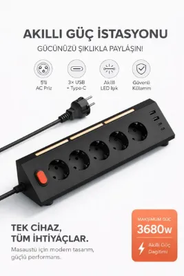 MO DOU Akıllı Priz Termal Korumalı 5’li Priz 3680W | LED Işıklı Çoklu Çoklu Akım Prizi USB | USB-C