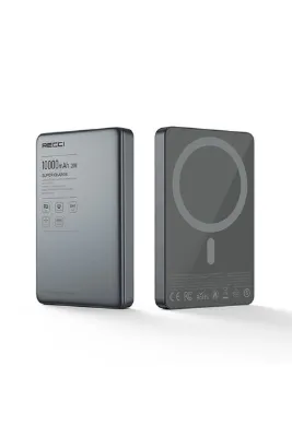 Recci RP35 PD 20W Led Göstergeli Hızlı Şarj Özellikli Wireless Powerbank 15W 10000mAh Gri Gri