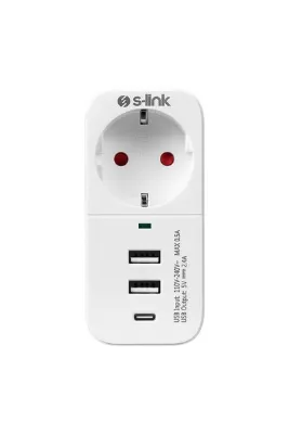 S-LINK Isıya Duyarlı Devre Ve Akım Korumalı Priz 16a/250v 750 Joule 2 Usb + 1 Type C 5v2.4a Tekli Priz