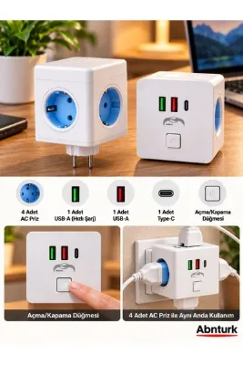 abnturk 4’ Soketli Akım Korumalı Priz Çoğaltıcı, 2 USB-A + Type-C Hızlı Şarj Girişli, Ev Ofis İçin Pratik Açma Kapama Düğmeli Küp Çoklu Priz Adaptörü 12x7x7cm