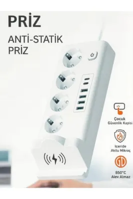 CaseTechnoo 4'lü Akım Korumalı Priz 2 METRE ve Masaüstü Şarj İstasyonu 15W Kablosuz