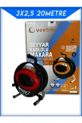 veetrin seyyar kablo 4 prizli makaralı 20 metre 3/2,5