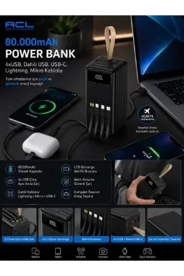 ABRAXTECH ACL 80.000 mAh Powerbank LCD Göstergeli 4 USB Çıkışlı Dahili USB-C / Lightning / Micro USB Kablolu Hızlı Şarj Taşınabilir Power Bank