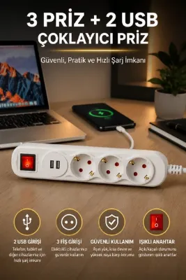 Montbell Akım Korumalı 3'lü Priz Çoklayıcı 2 USB Girişli Işıklı Anahtarlı 1.5 Metre Kablolu Uzatma Prizi
