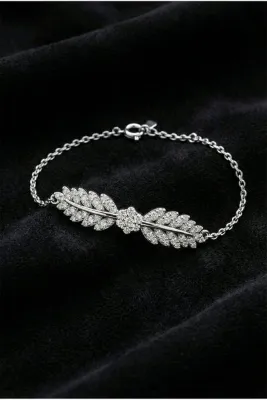 Roza Silver 925 Ayar Rodyum Zirkon Taşlı Yaprak Motifli Işıltılı Gümüş Bileklik