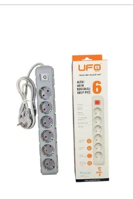 UFO Akım korumalı grup priz 2.5 mt Gri 6’lı 2500 watt