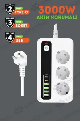 Enshall PRO P10 3X Priz 3000W Akım Korumalı 4X Usb 2X Type-c Girişli Çoklu Priz