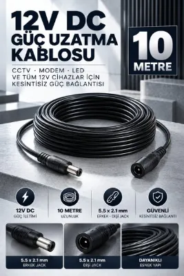 MVLH 10 Metre 12V DC Adaptör Güç Uzatma Kablosu 5.5x2.1 mm Dişi Erkek Jack Cctv Kamera Şerit LED Modem Ara Kablosu