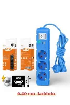 UFO Akım korumalı grup priz 0.50 cmkablolu anahtarlı mavi 3 lü ve USB+type-c şarj aleti 3000 watt