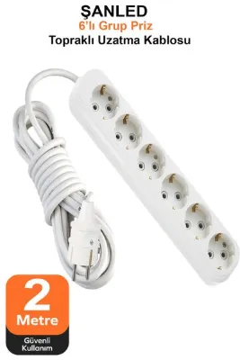 ŞANLED Grup Priz Topraklı 6'lı Çoklu Priz Seyyar Ara Uzatma Kablosu TTR 2x2,5 mm kablo 2 metre