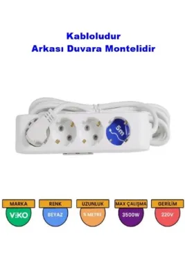 VİKO Multilet Dörtlü 5Mt Ara Kablolu Grup Priz Topraklı Klemensli Beyaz