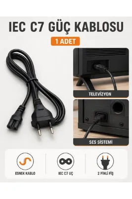 Bigohobi IEC C7 Güç Kablosu – 2 Pinli Priz Fişli Televizyon ve Teyp, Ses Sistemi Elektrik Kablosu 1 Adet