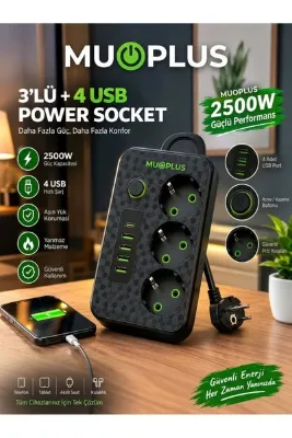muoplus Termal Akım Korumalı 3 Priz 4 Usb 1 Type-c Girişli 2m Kablolu Üçlü Priz