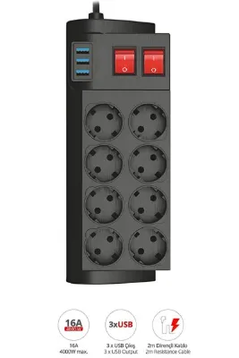 MOBEE Termal Akım Korumalı USB 2.1A Şarj Çıkışlı 8’li Uzatma Prizi – 2 Metre Güç Dağıtıcı Grup Priz 3411