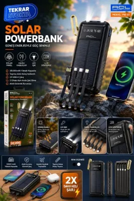 CeppStore ACL PW-61 30000 mAh Solar Powerbank Güneş Enerjili Dahili Kablolu LCD Göstergeli LED Işıklı Taşınabilir Şarj Cihazı