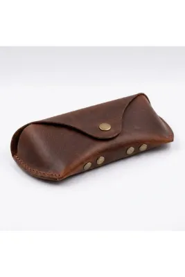 %100 Hakiki Deri El Dikişi Çıtçıtlı Gözlük Kılıfı (16x7 cm) - Siyah / Taba / Gri