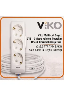 VİKO Multi-Let Beyaz 3'lü 10 Metre Topraklı Çocuk Korumalı Grup Priz (3x2.5 TTR Tam Bakır Kalın Kablo)