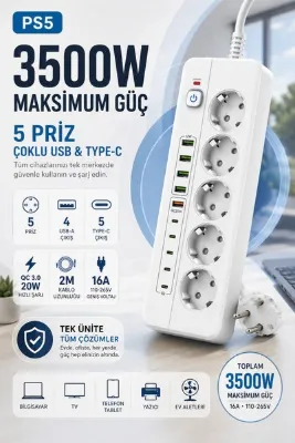 Merwish Akım Korumalı Çoklu Priz 3500W 16A 5 Topraklı Priz 4 USB-A 5 Type-C QC 3.0 20W Hızlı Şarj 2 Metre Kablo Uzatmalı Priz