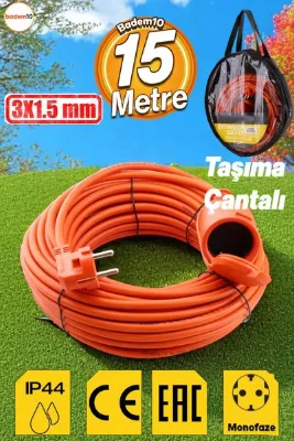 Badem10 Uzatma Kablosu 3x1.5 mm 15 METRE Tekli Grup Fiş Priz Topraklı Kablolu Kapaklı Monofaze Ev Tipi