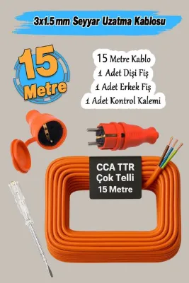 Badem10 Seyyar (15 Metre) 3x1.5 mm Uzatma Kablosu TTR CCA Telli Elektrik Kablo Kontrol Kalem Dişi Erkek Fiş
