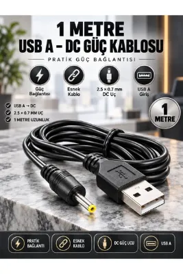 PEMBERTON 1 Metre / 2.5x0.7 mm Ölçülü USB A'dan DC Jak Girişli / Akıllı Cihazlar İçin Evrensel Şarj, Güç Aktarım Kablosu