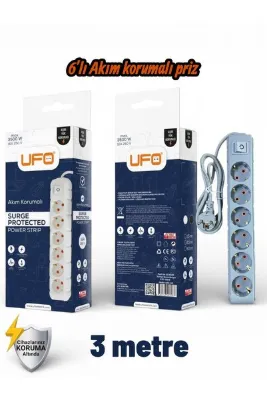 UFO Akım Korumalı 3 mt Kablolu Grup Priz Max 3500W 16 Amper Aşırı Yük Koruması 6lı Çoklu Priz Gri