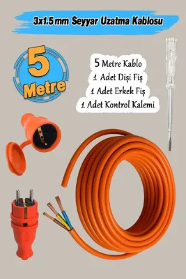 Badem10 TTR CCA Çok Telli 3x1.5 mm Seyyar 5 Metre Uzatma Kablosu Elektrik Kablo Kontrol Kalem Dişi Erkek Fiş