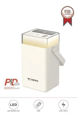 Torima Taşınabilir Batarya 60000 Mah Type-C Lightning Hızlı Şarj Rgb Işıklı 22,5W Powerbank TRM-1061 Beyaz