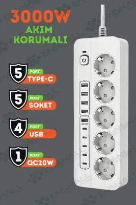 Enshall PRO P13 3000W Akım Korumalı 5 Girişli Type-c ve USB Girişli Uzatmalı Grup Priz