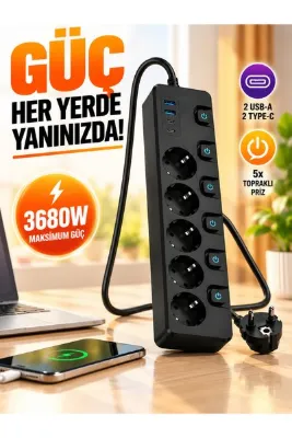 MATECHNO 5'li Akım Korumalı Topraklı Çoklu Priz 3680W 2 USB-A + 2 Type-C Hızlı Şarj Bağımsız Anahtarlı Duvara Monte Edilebilir Grup Priz Uzatma