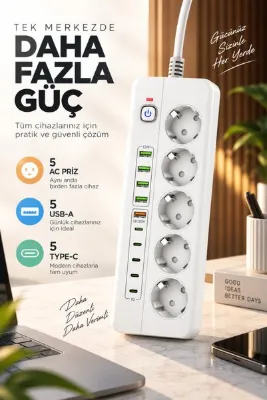 asua 5'Li Priz 5X USB 5X PD Şarj Termal Isı Korumalı Priz 2 Metre Kablo Çoklu Grup Priz