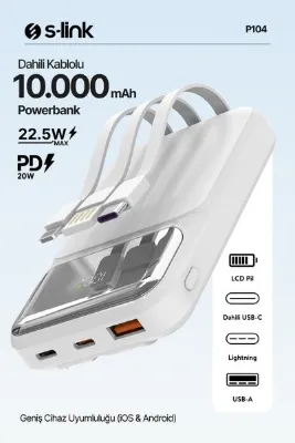 S-LINK P104 10000mAh PRM Dahili Kablolu HSC22.5W+PD20W Beyaz LCD Powerbank
