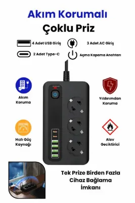 Yussraw Pro P10 3x Priz 3000W Akım Korumalı 4x USB 2x Type-C Girişli Çoklu Priz