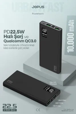 Jopus 10000mAh PowerBank PD 22.5W Hızlı Şarj - Dijital Ekranlı - Taşınabilir Şarj Cihazı - Siyah JP-P12