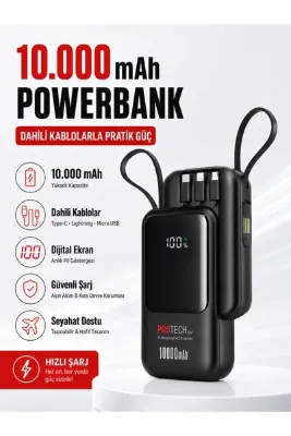 Moxti Cep BOY 10.000 mAh Dahili Kablolu Powerbank – Dijital Göstergeli, Hızlı Şarjlı, Çoklu Çıkışlı Taşınabilir Şarj Cihazı