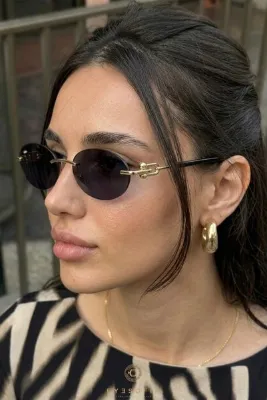 Eyesofia Cartiess Unisex Elips Siyah Gold Çerçeveli Ultra Hafif Uv400 Filtreli Güneş Gözlüğü