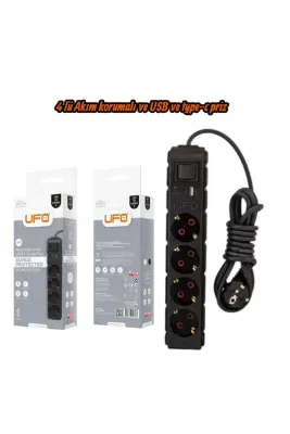 UFO Akım korumalı grup priz 5.0 mt kablolu anahtarlı siyah 4 lü ve USB+type-c şarj aleti 3000 watt