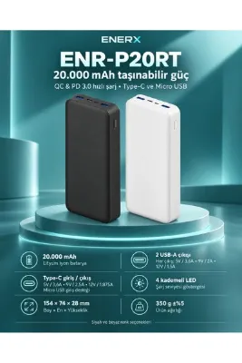 ENERX ENR-P20RT 20.000 mAh 22.5Watt Hızlı Şarj Powerbank – Siyah