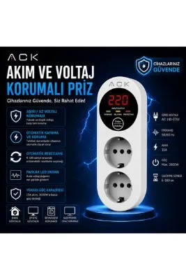 ACK Akım ve Voltaj Korumalı Priz | Çift Prizli | LED Ekranlı | 15 A |3000W Güç Kapasiteli | Aşırı ve Düşük Voltaj Koruması