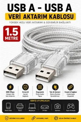 nelerbulurum YÜKSEK KALİTELİ 1.5 METRE ŞEFFAF RENKLİ USB ERKEK-ERKEK KABLO
