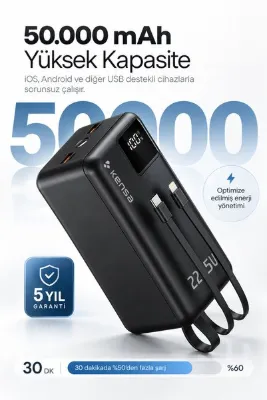 Kensa 50.000 mAh Dijital Göstergeli Dahili Çoklu Kablolu Powerbank – Süper Hızlı Şarj Taşınabilir Şarj