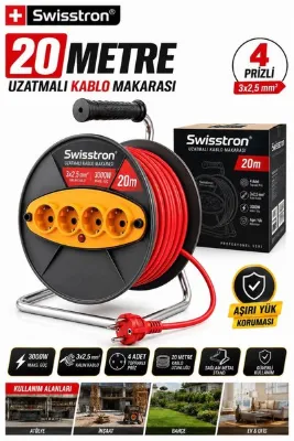 SwissTron Seyyar Atölye ve Ev Tipi 4 Prizli Makaralı Uzatma Kablosu | 3x2,5mm | 20 Metre Uzatmalı Tam Set